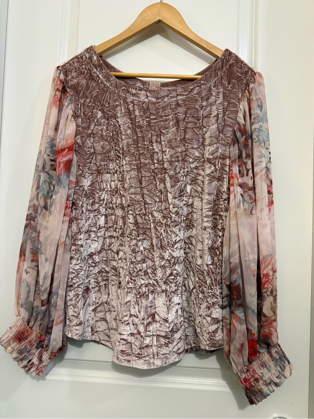 Meadow Rue Shirt medium Crushed Velvet Sheer Floral Print Sleeves Boho